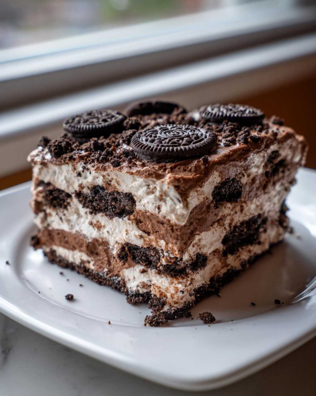 A square slice of layered chocolate and cream dirt cake, topped with crushed cookies and whole mini Oreos.