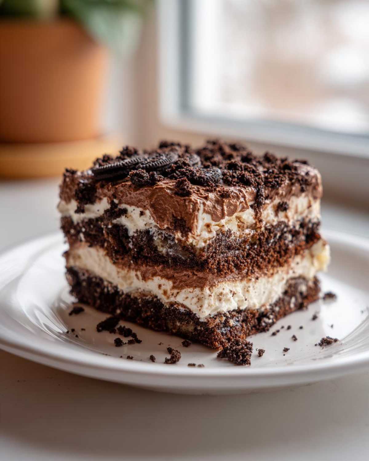 A rich, layered slice of dirt cake featuring chocolate and cream layers topped with crushed Oreos.