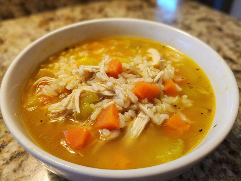 Close-up of a white bowl filled with vibrant Lemon Ginger Turmeric Chicken and Rice Soup, showing shredded chicken, rice, carrots, and celery.