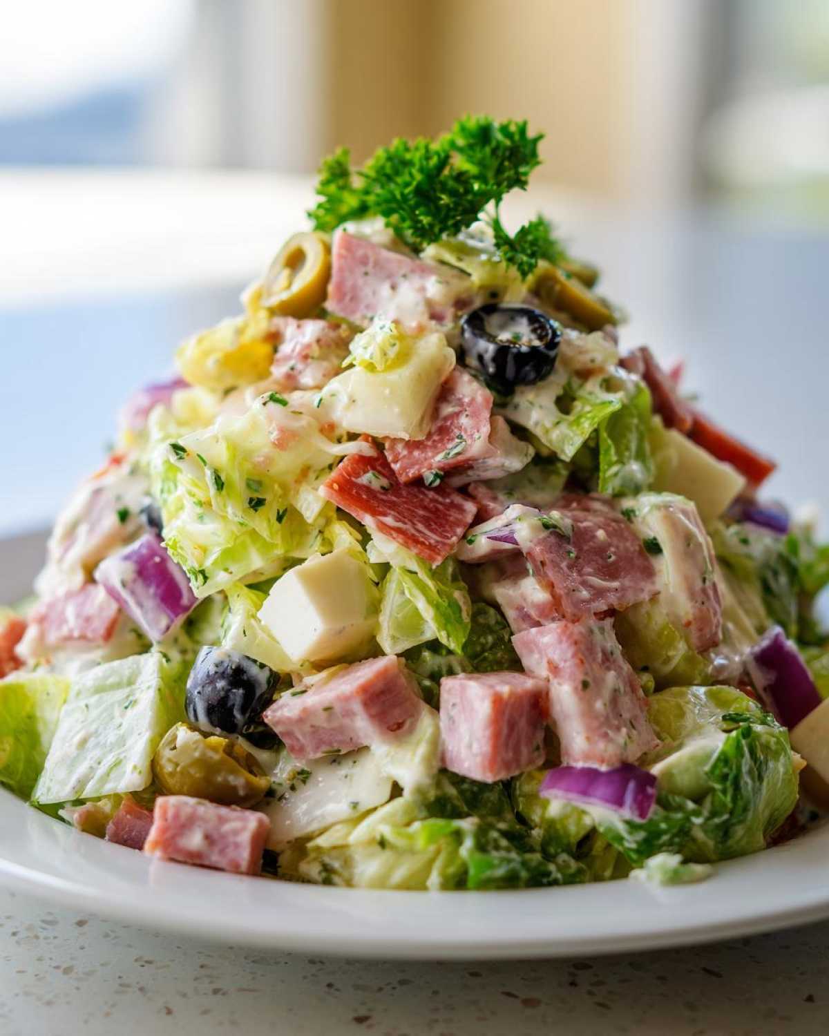 A close-up of a hearty grinder salad piled high with lettuce, cubed meats, cheese, olives, and creamy dressing.