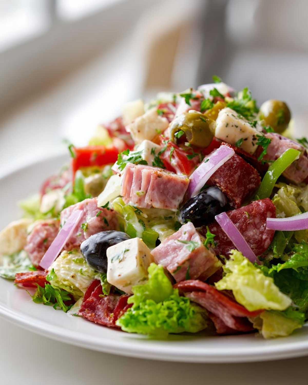 A close-up of a vibrant, loaded grinder salad featuring chunks of meat, cheese cubes, olives, and red onion on lettuce.