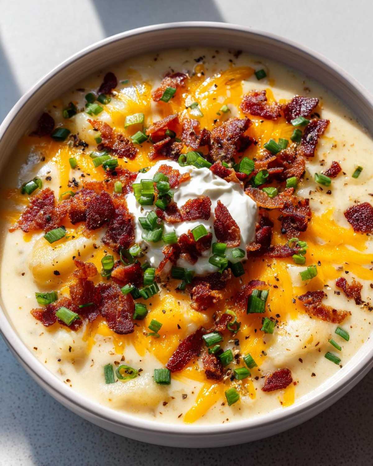 Close-up of a bowl of creamy potato soup recipe topped with bacon, cheddar cheese, sour cream, and chives.