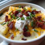 Close-up of a creamy bowl of potato soup recipe topped with bacon, cheese, sour cream, and chives.