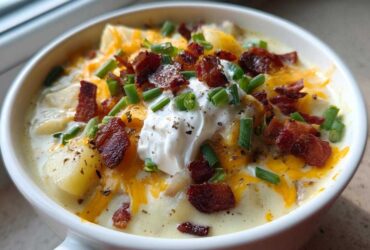 Close-up of a creamy bowl of potato soup recipe topped with bacon, cheese, sour cream, and chives.