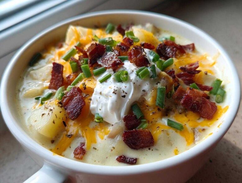 Close-up of a creamy bowl of potato soup recipe topped with bacon, cheese, sour cream, and chives.