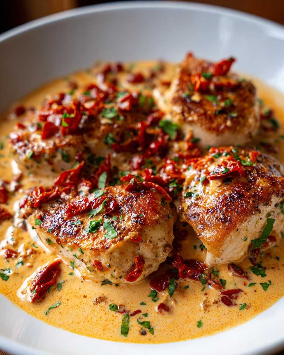 Close-up of seared chicken breasts covered in a rich, creamy sauce with sun-dried tomatoes and fresh parsley, representing Marry Me Chicken.
