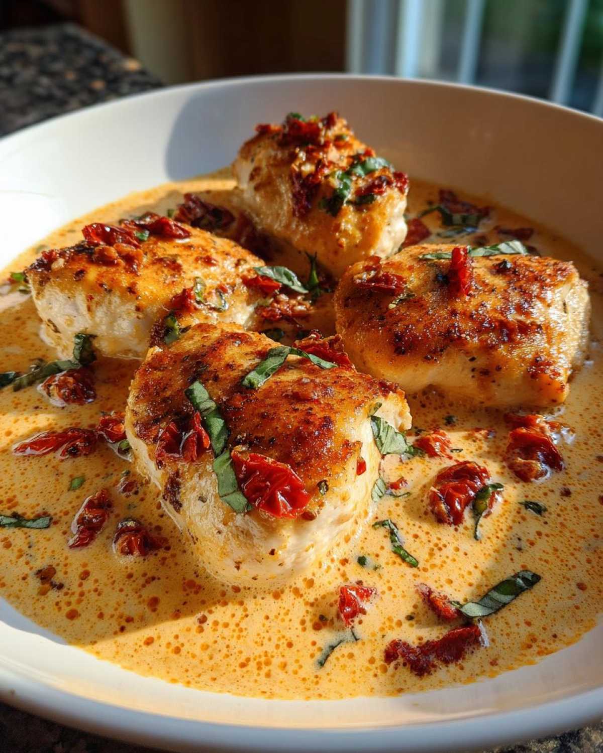 Four seared chicken breasts covered in a creamy, orange-hued sauce with sun-dried tomatoes and basil, known as Marry Me Chicken.