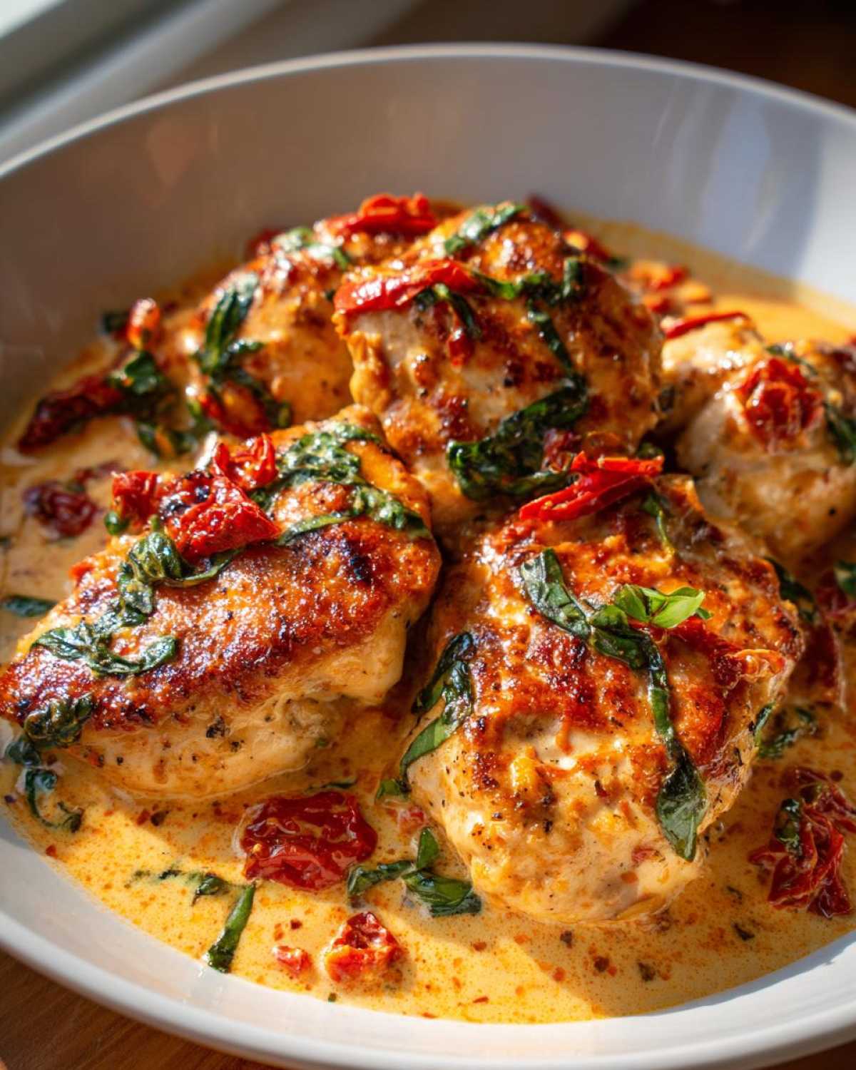 Close-up of seared chicken breasts smothered in creamy sauce, sun-dried tomatoes, and fresh basil for Marry Me Chicken.
