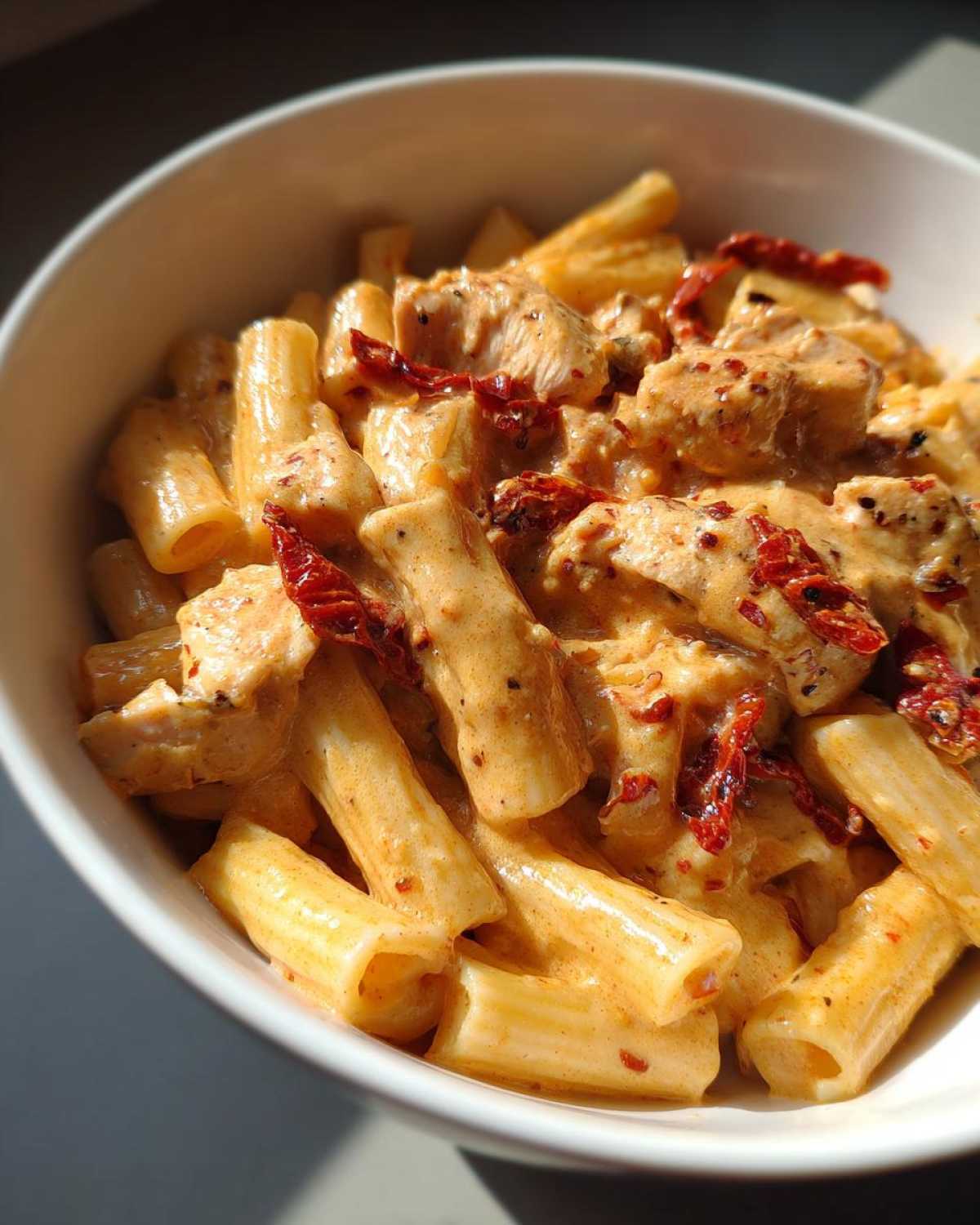 Close-up of creamy marry me chicken pasta featuring rigatoni, chicken pieces, and sun-dried tomatoes in a white bowl.