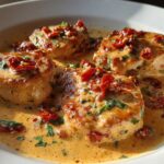 Four golden-brown chicken breasts smothered in a creamy, orange-hued sauce with sun-dried tomatoes and fresh herbs, representing Marry Me Chicken.