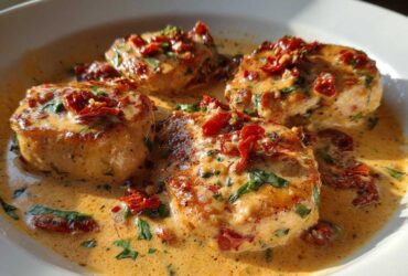 Four golden-brown chicken breasts smothered in a creamy, orange-hued sauce with sun-dried tomatoes and fresh herbs, representing Marry Me Chicken.