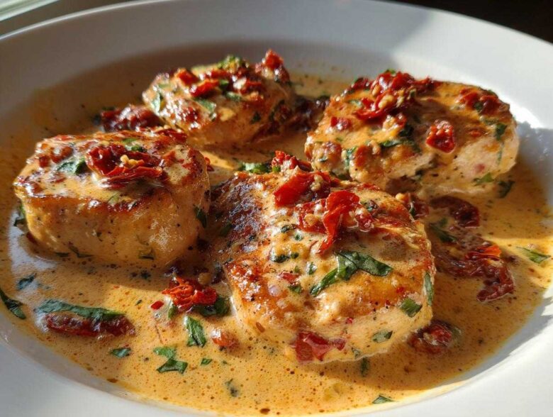 Four golden-brown chicken breasts smothered in a creamy, orange-hued sauce with sun-dried tomatoes and fresh herbs, representing Marry Me Chicken.