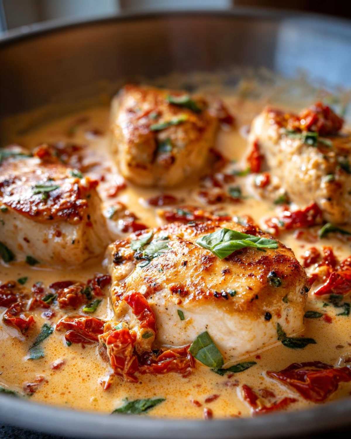 Four pieces of seared chicken breasts simmering in a creamy, orange-hued sauce with sun-dried tomatoes and basil, part of the Marry Me Chicken recipe.