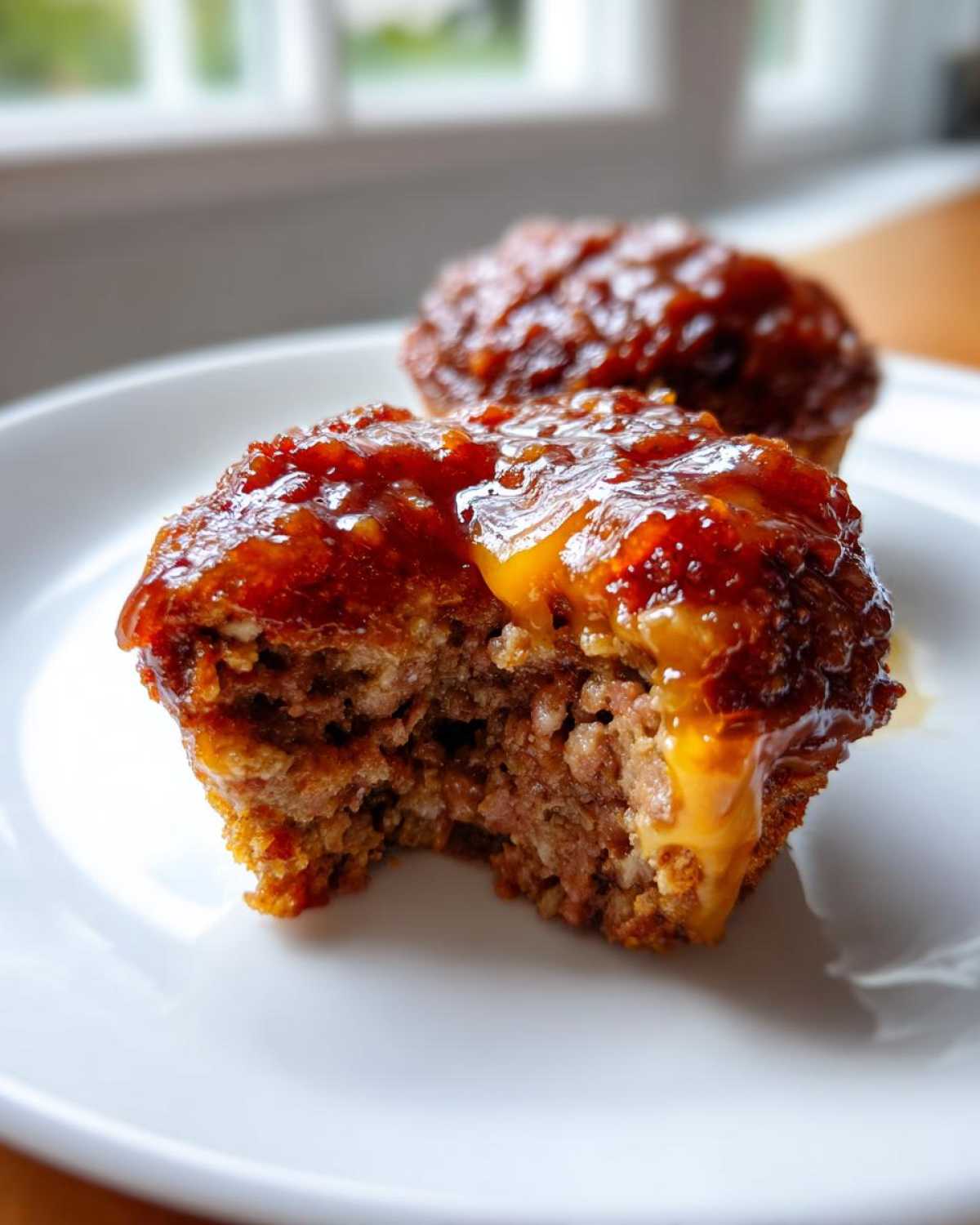 A close-up of a mini meatloaf with a sweet glaze, showing the interior texture after a bite has been taken. Perfect mini meatloaf recipe.