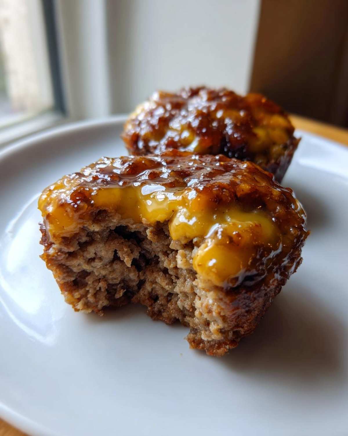 Close-up of a mini meatloaf with a bite taken out, showing the texture and sweet glaze topping.