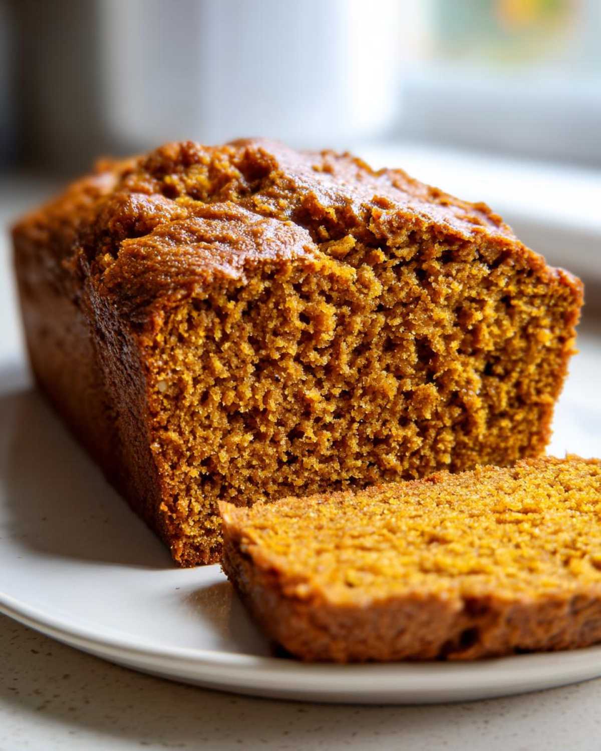 Close-up of a freshly baked loaf of moist pumpkin bread with one slice cut and resting beside it.