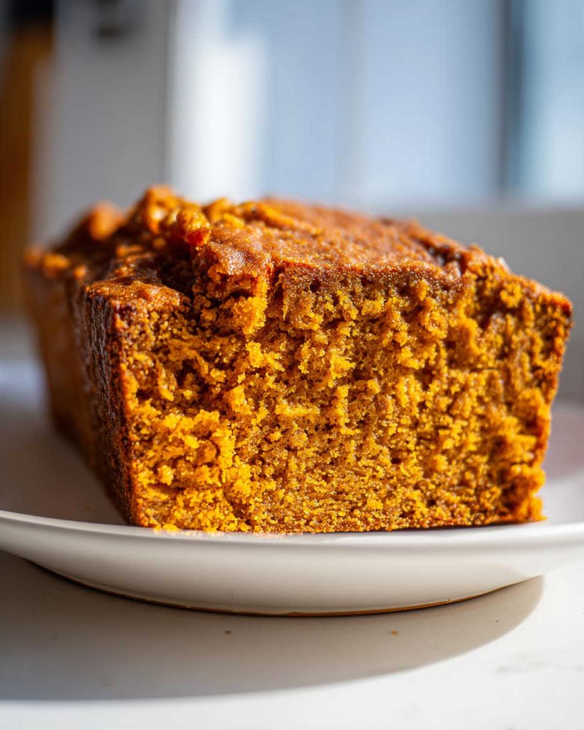 Close-up of a moist, dark orange slice of homemade pumpkin bread on a white plate.