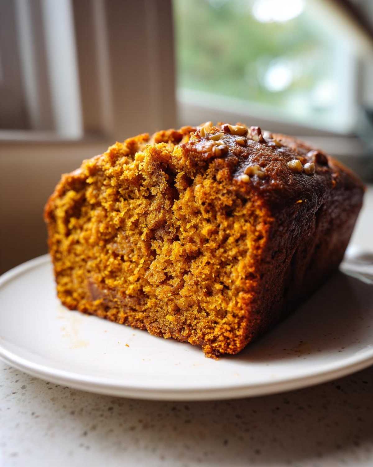 A close-up of a moist slice of homemade pumpkin bread topped with walnuts, sitting on a white plate.