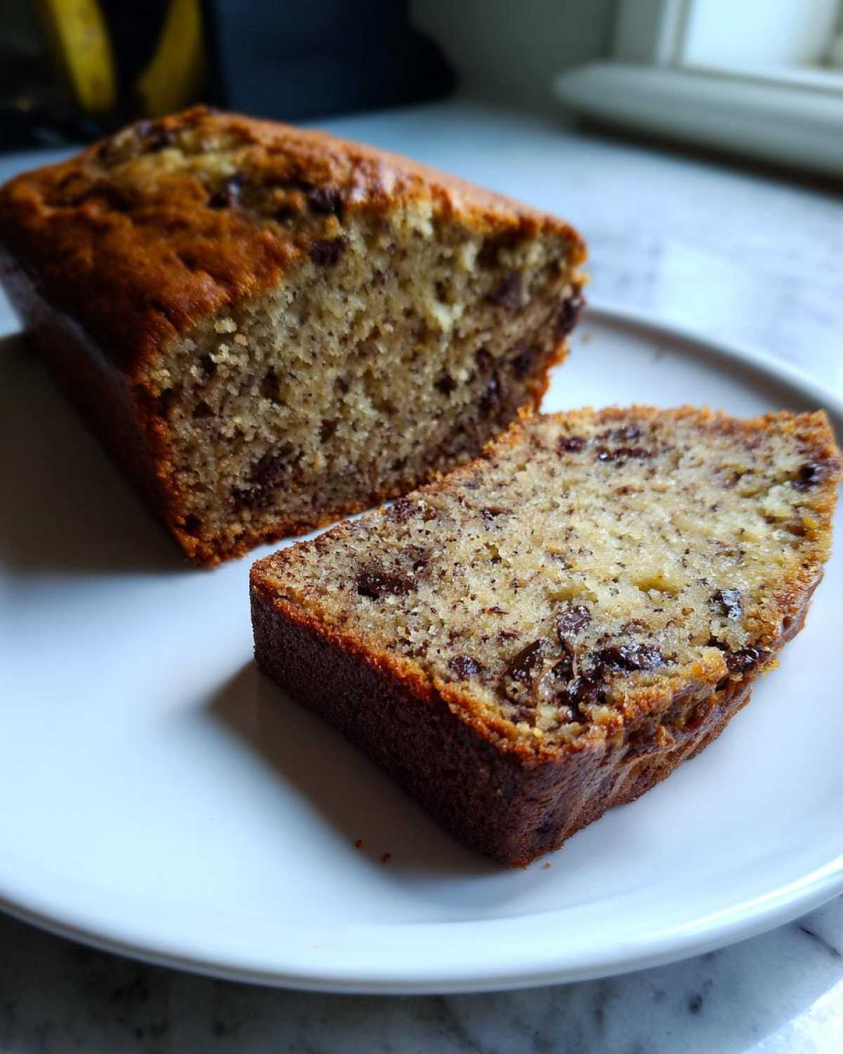 A slice cut from a loaf of moist vegan banana bread with visible chocolate chips, served on a white plate.