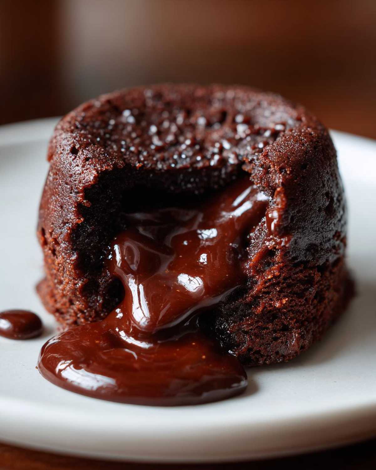 Close-up of a freshly baked chocolate lava cake with the center broken open, revealing rich, molten chocolate flowing out.