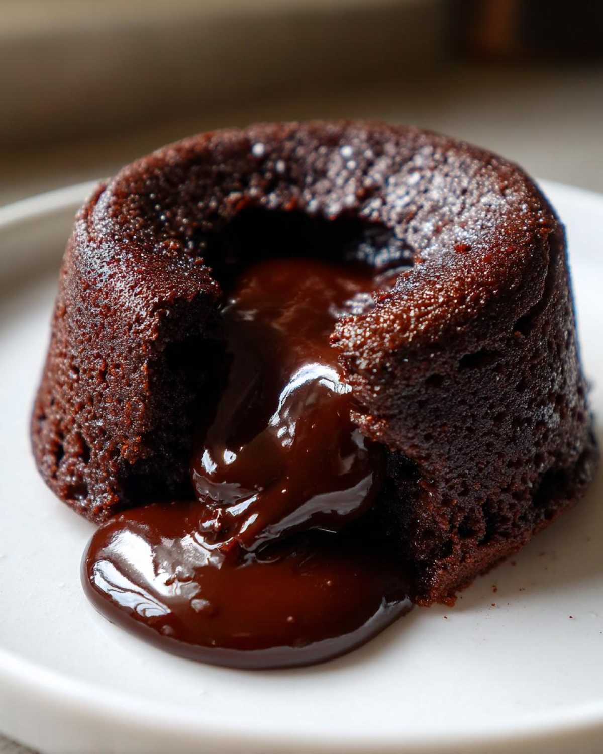 Close-up of a freshly baked lava cake with rich, melted chocolate oozing out onto a white plate.