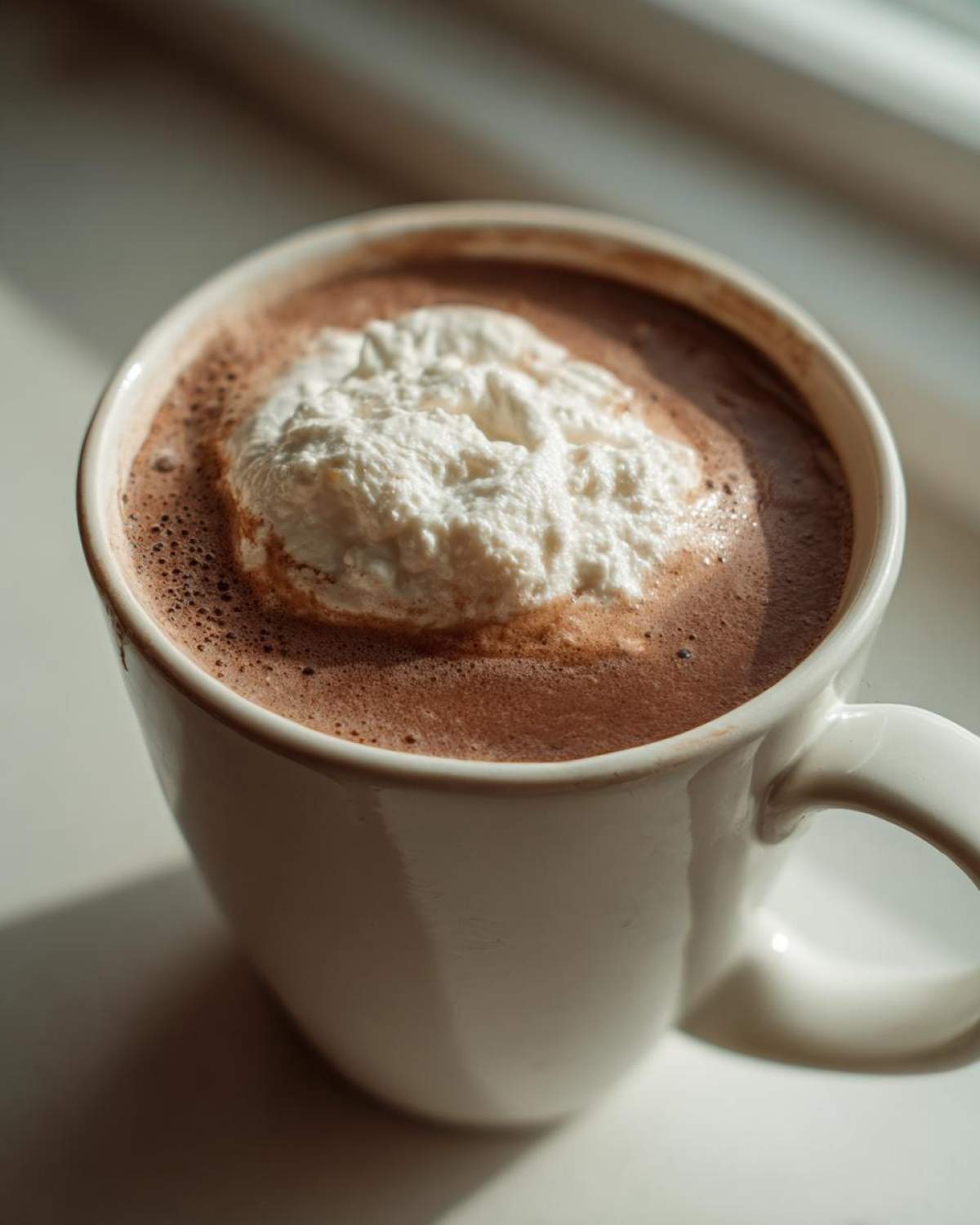 Close-up of a white mug filled with rich hot cocoa mix topped with a dollop of whipped cream.