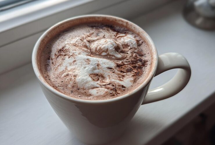 Close-up of a white mug filled with rich hot cocoa mix topped with melted marshmallows or whipped cream.