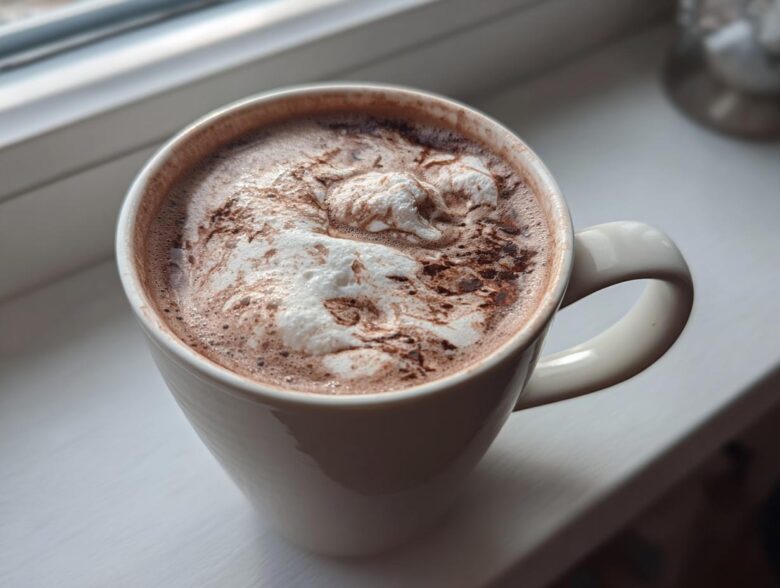 Close-up of a white mug filled with rich hot cocoa mix topped with melted marshmallows or whipped cream.
