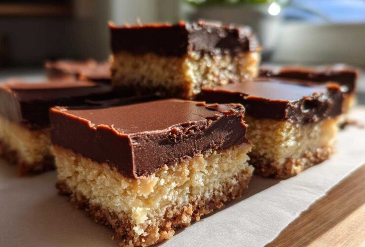 Several rich, layered no bake peanut butter bars topped with a thick layer of smooth chocolate ganache.