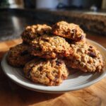 A stack of freshly baked oatmeal raisin cookies piled high on a light-colored plate.