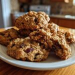 A stack of chewy, freshly baked oatmeal raisin cookies piled on a white plate on a wooden table.