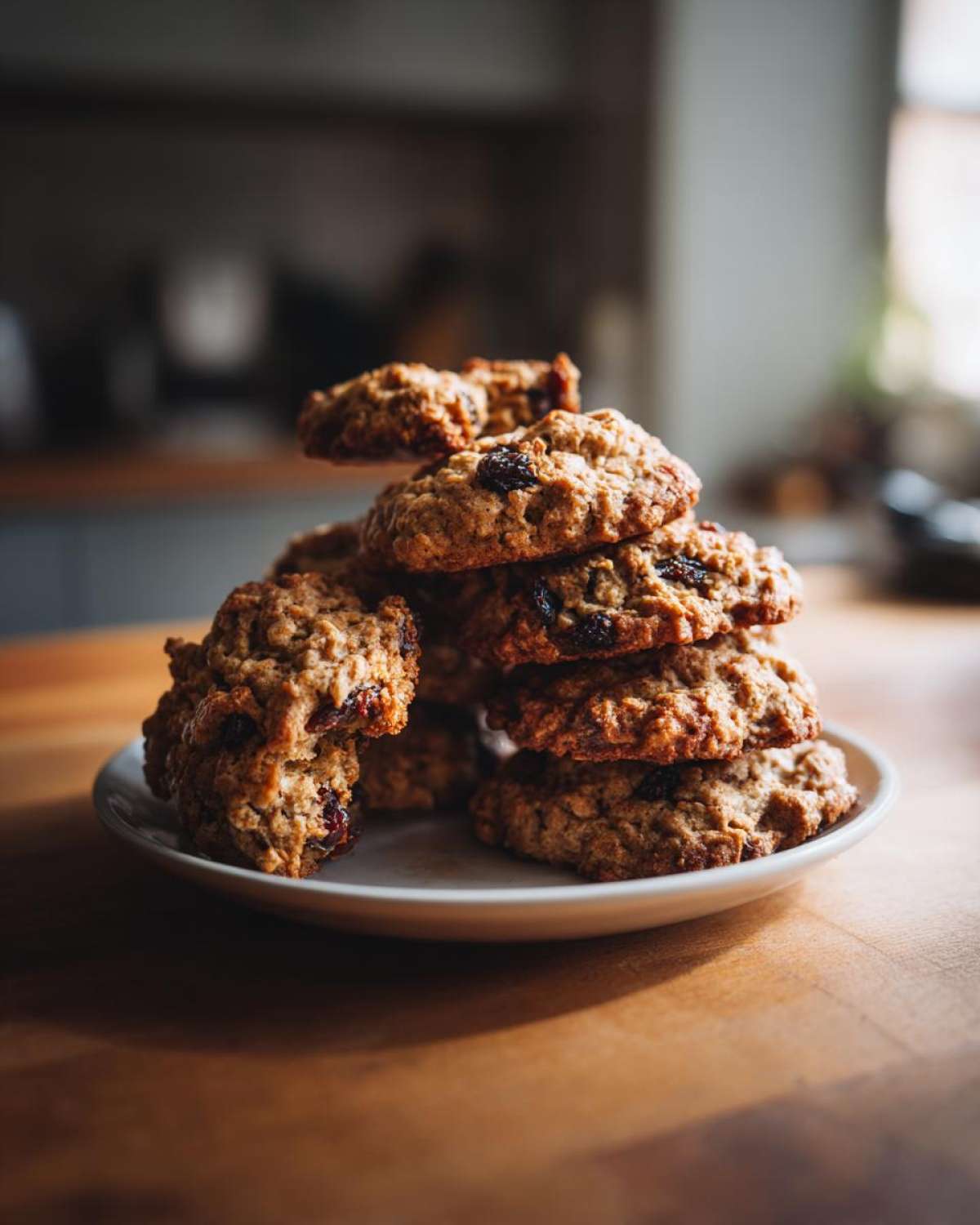 A tempting stack of freshly baked oatmeal raisin cookies piled high on a small white plate.