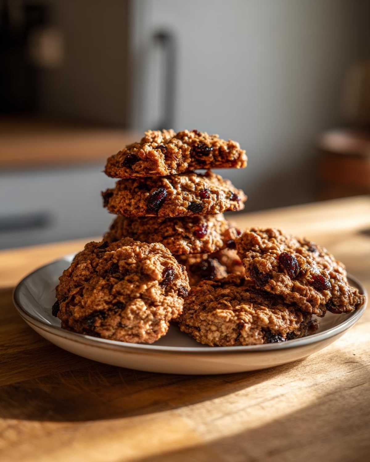 A stack of freshly baked oatmeal raisin cookies piled high on a small white plate on a wooden surface.
