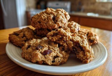 A stack of chewy, freshly baked oatmeal raisin cookies piled on a white plate on a wooden table.