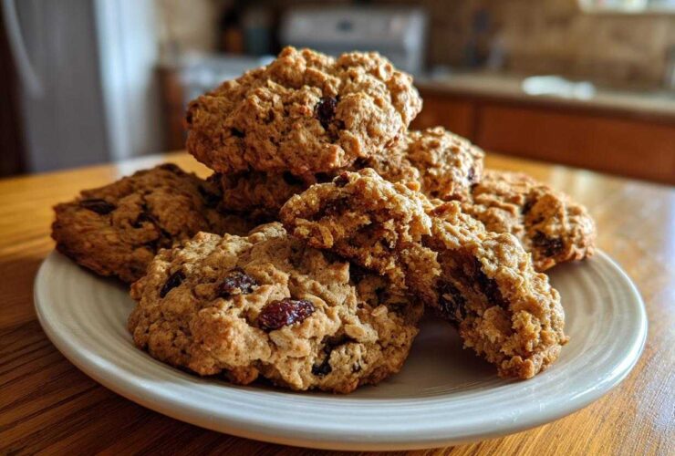A stack of chewy, freshly baked oatmeal raisin cookies piled on a white plate on a wooden table.