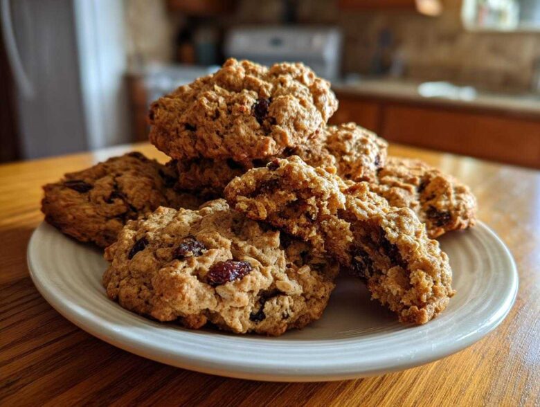 A stack of chewy, freshly baked oatmeal raisin cookies piled on a white plate on a wooden table.