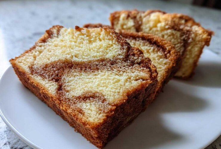 Three slices of moist cinnamon bread showing beautiful swirls of cinnamon sugar filling.