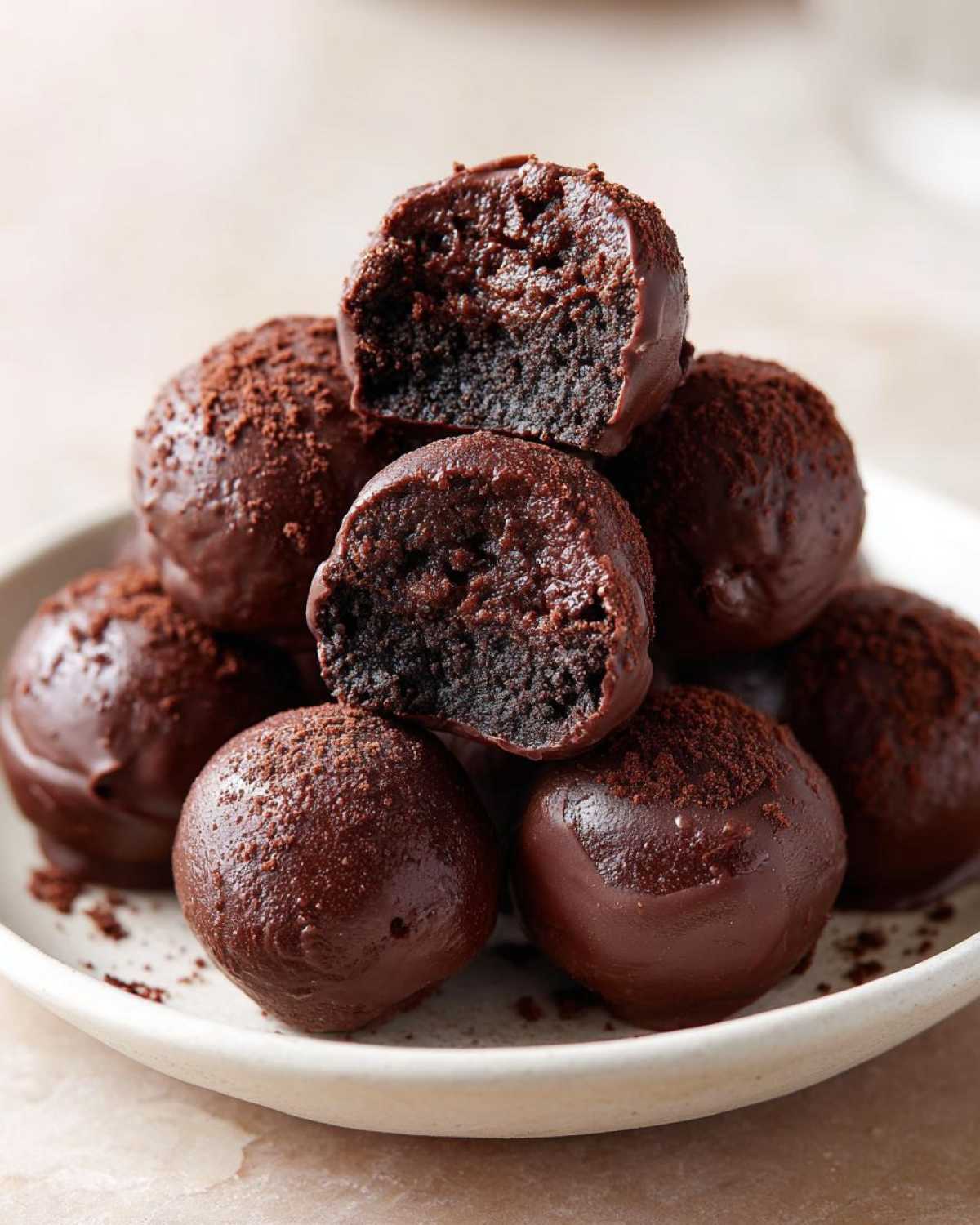 A stack of rich, chocolate-dipped Oreo balls, with two cut in half showing the dark, dense center.
