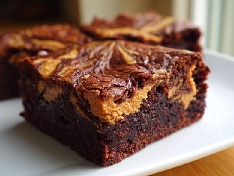 A close-up of a fudgy, dark chocolate peanut butter swirl brownies square on a white plate.