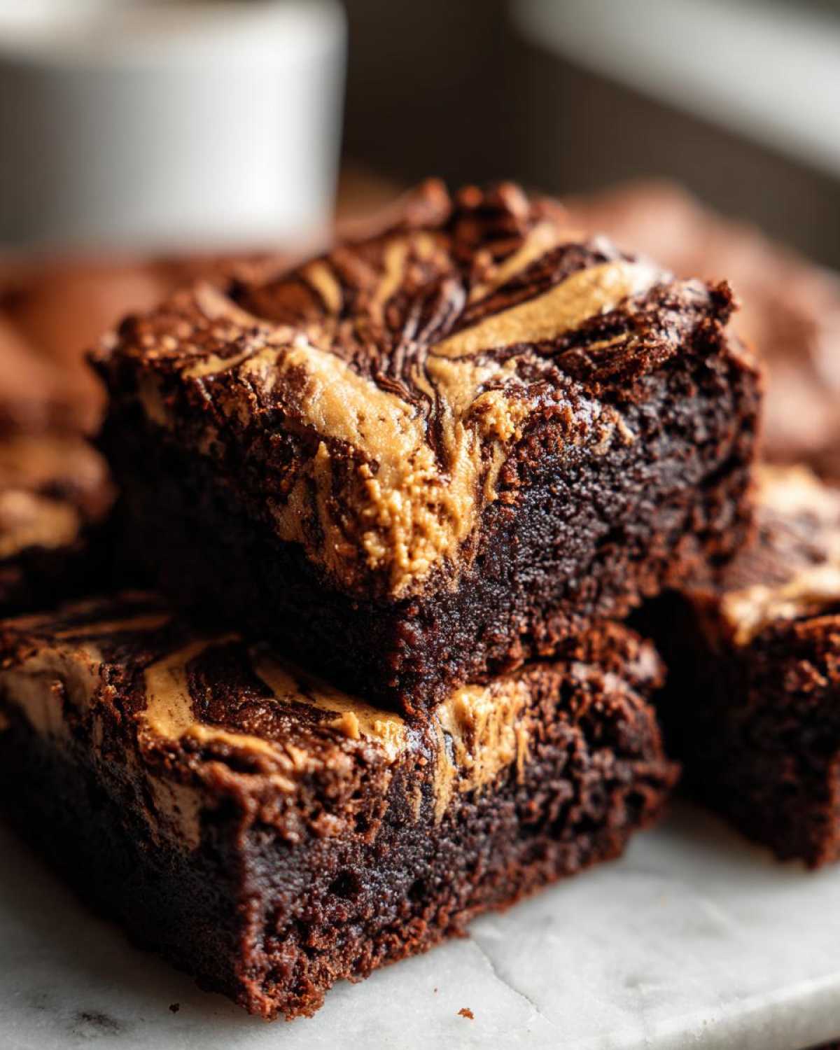 Close-up of stacked, fudgy peanut butter swirl brownies showing the rich chocolate base and creamy peanut butter topping.