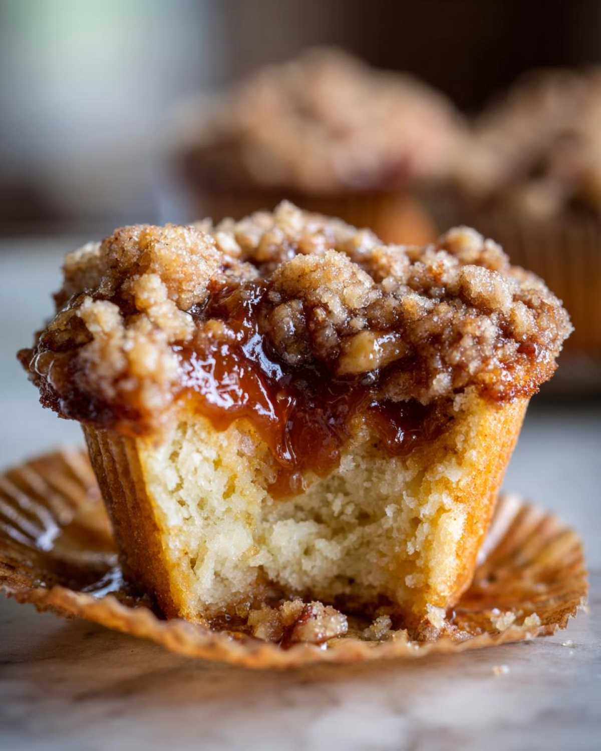 A close-up shot of a pecan pie muffin with a bite taken out, showing gooey filling and crumb topping.