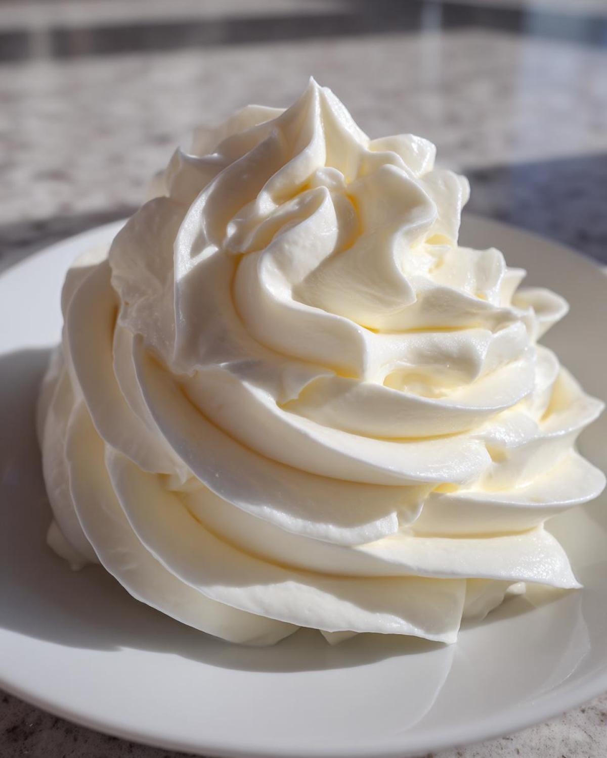 A perfectly piped swirl of rich, white cream cheese frosting sitting on a small white plate.