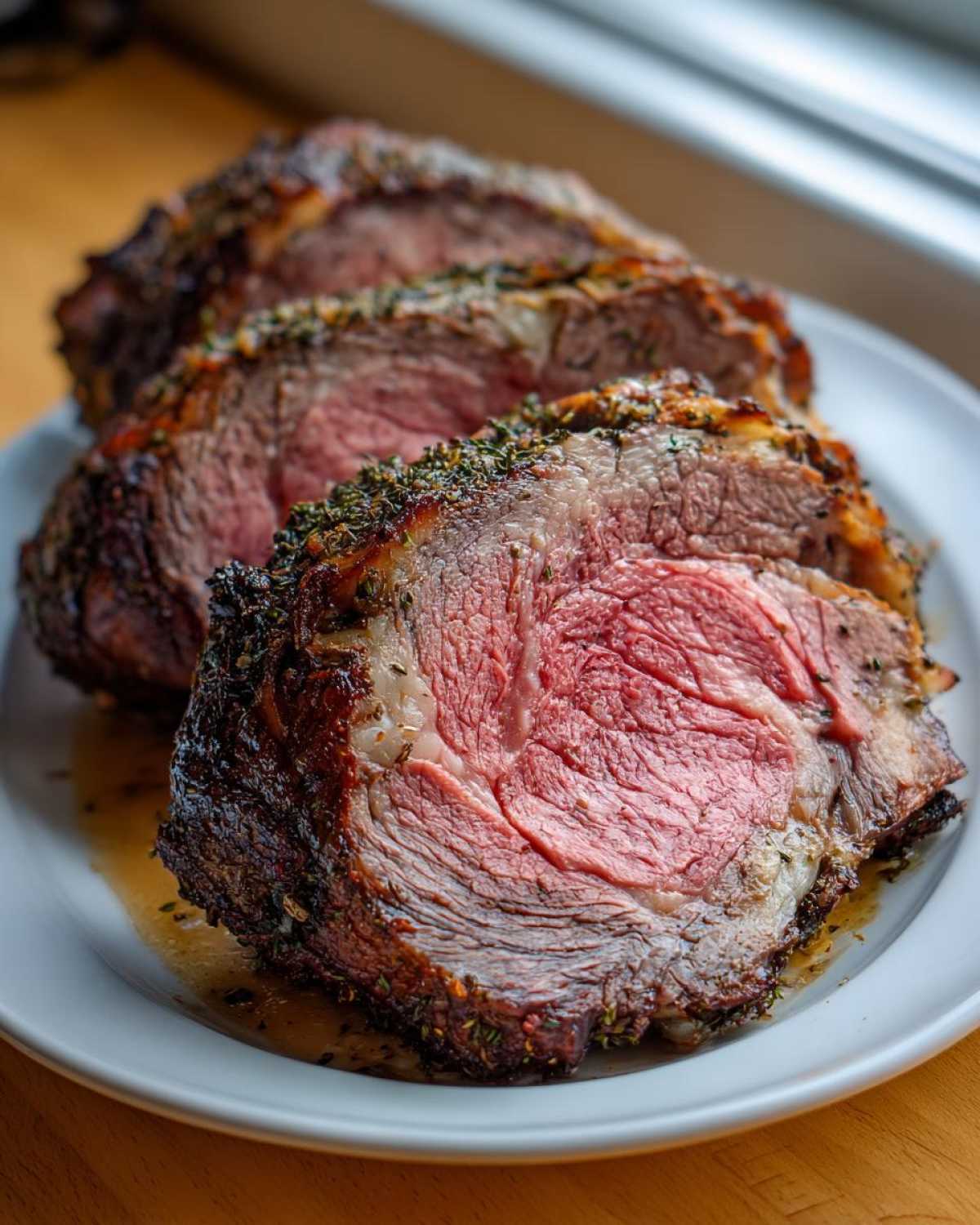Close-up of three thick slices of medium-rare prime rib recipe roast with a dark herb crust on a white plate.