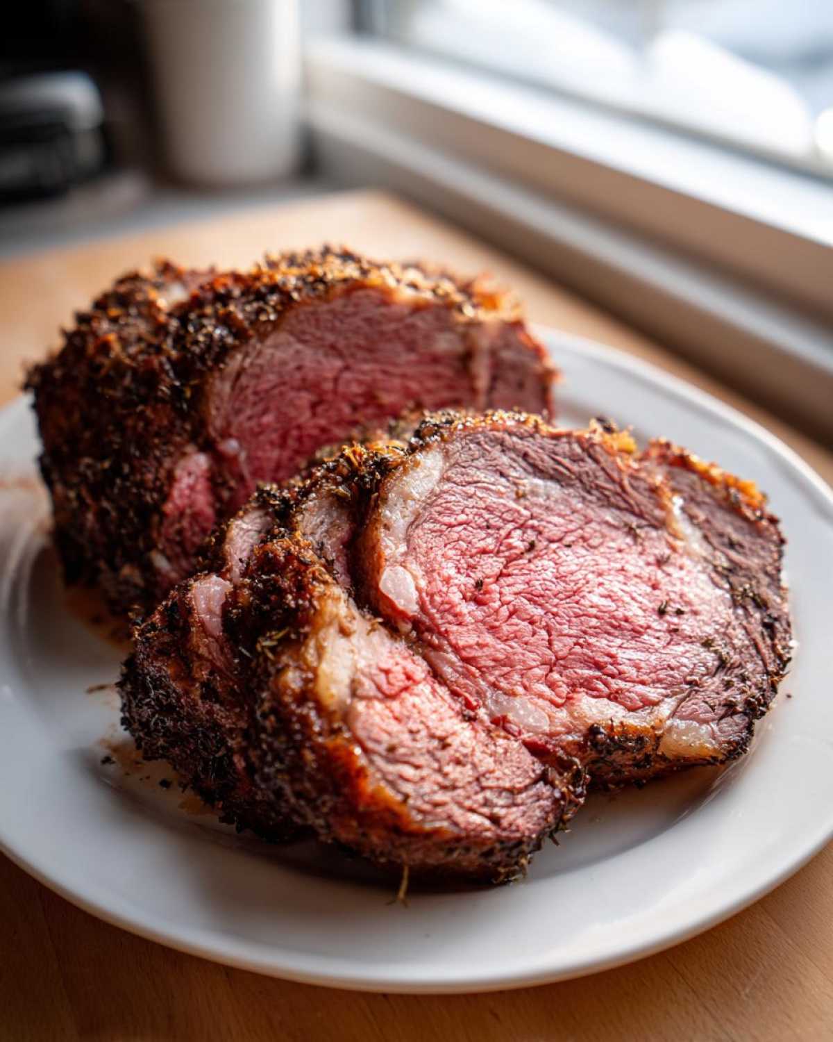 Close-up of a perfectly cooked prime rib recipe roast, sliced to show a medium-rare pink center and dark herb crust.