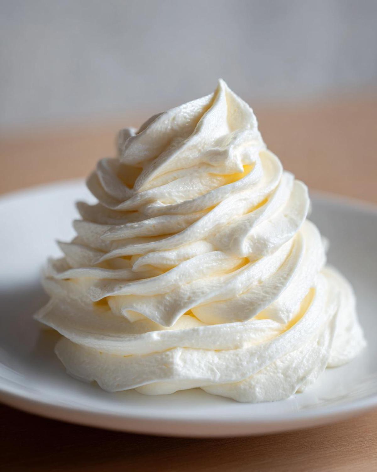 A beautiful, tall swirl of fluffy white cream cheese frosting piped onto a white plate.