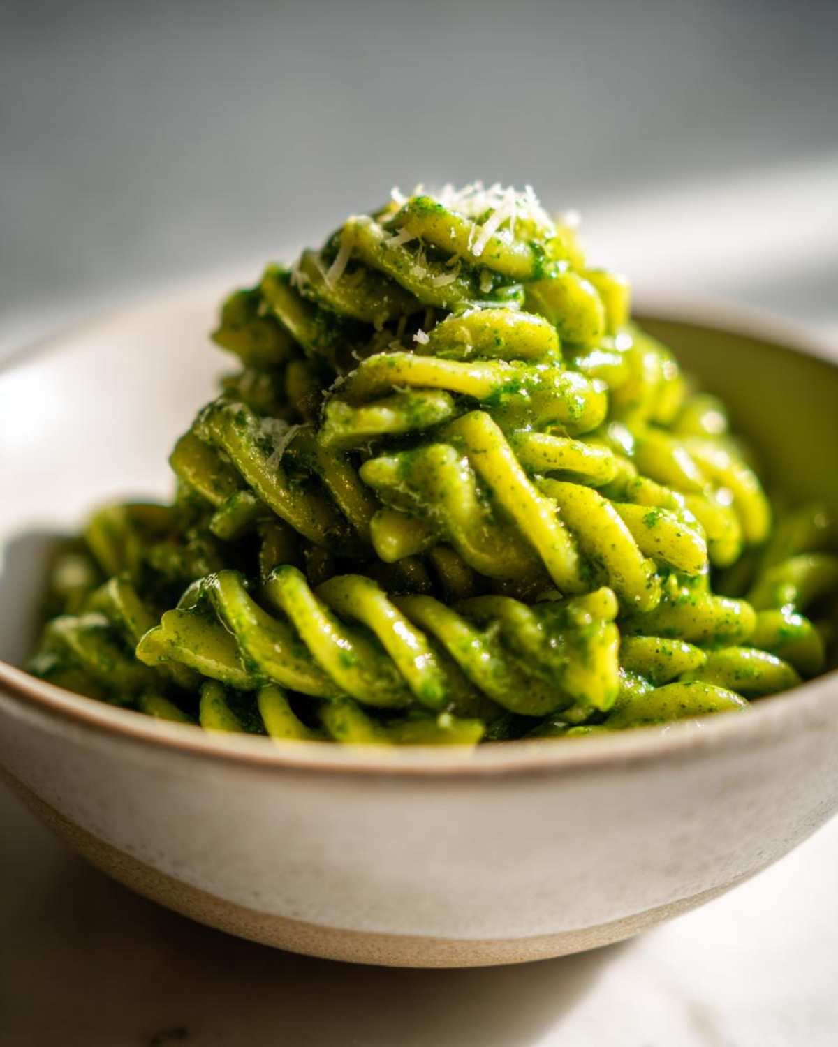 Close-up of vibrant green pesto pasta (fusilli) topped with grated Parmesan cheese in a ceramic bowl.