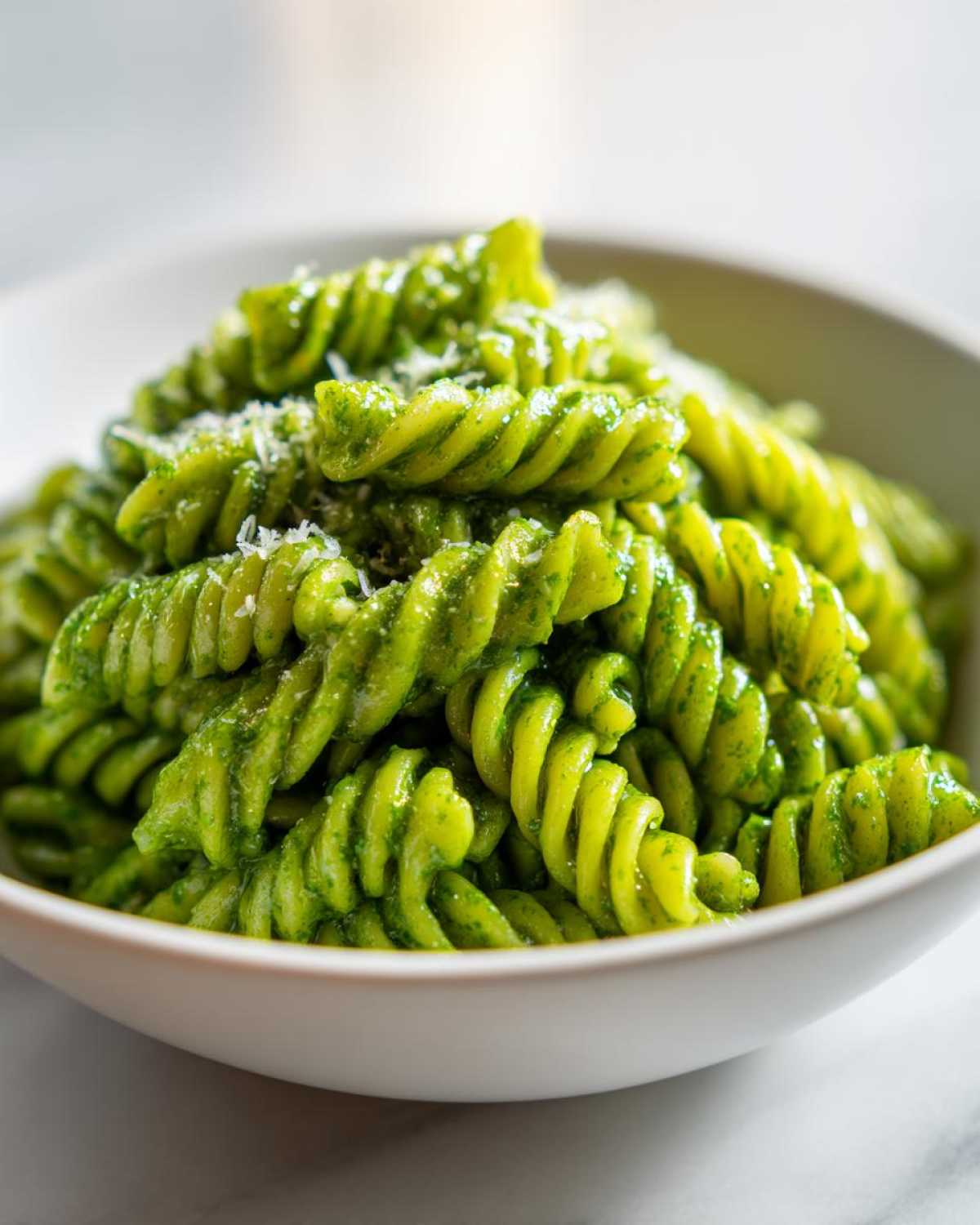 Close-up of bright green pesto pasta made with fusilli noodles, topped with grated cheese.