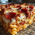 Close-up of a hearty slice of pizza pasta casserole topped with melted cheese and pepperoni slices.