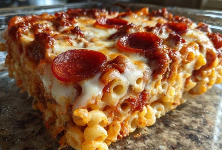Close-up of a hearty slice of pizza pasta casserole topped with melted cheese and pepperoni slices.