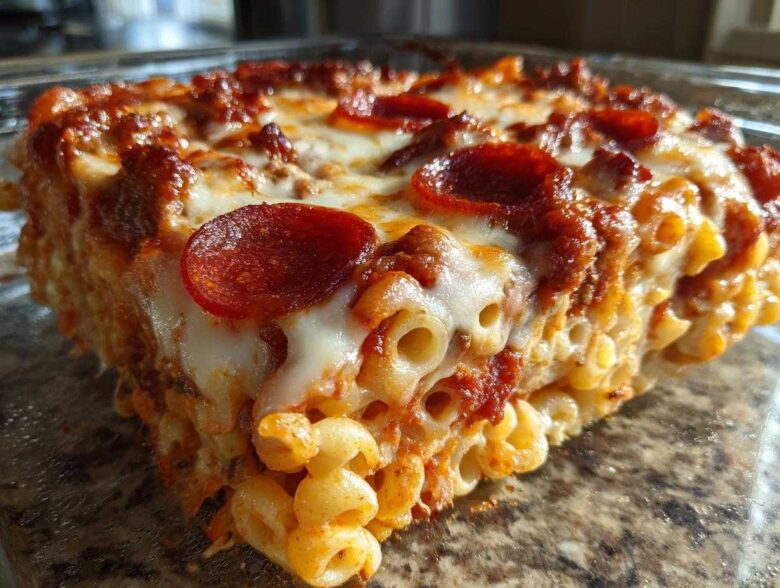 Close-up of a hearty slice of pizza pasta casserole topped with melted cheese and pepperoni slices.